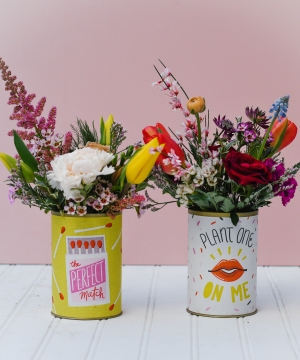 Two options of spring florals in a can, The Perfect Match and Plant One on me.